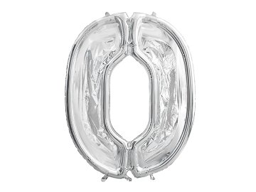 Forma Cyfra "0" dla balonów lateksowych, 126cm, srebrne błyszczące
