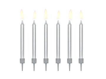 Birthday candles, plain, silver, 6cm (1 pkt / 6 pc.)