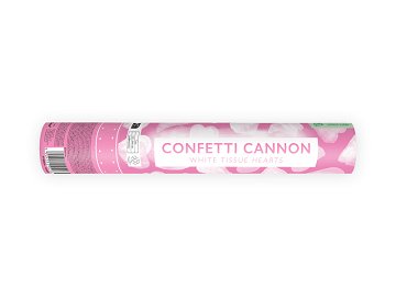 Confetti cannon with hearts, white, 28cm