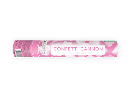 Confetti cannon with hearts, white, 28cm