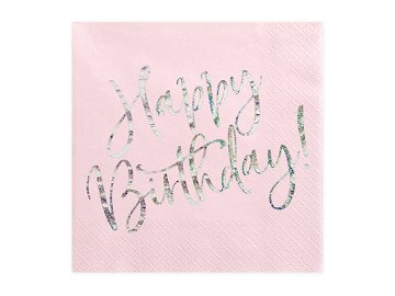 Napkins Happy Birthday, light powder pink, 33x33cm (1 pkt / 20 pc.)