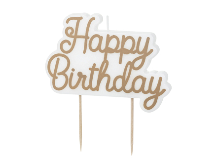 Geburtstagskerze Happy Birthday, kühles Gold, 7.5x10 cm