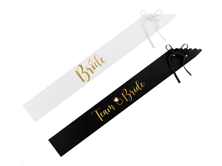 Bride to be and Bride sashes, black and white (1 pkt / 6 pc.)
