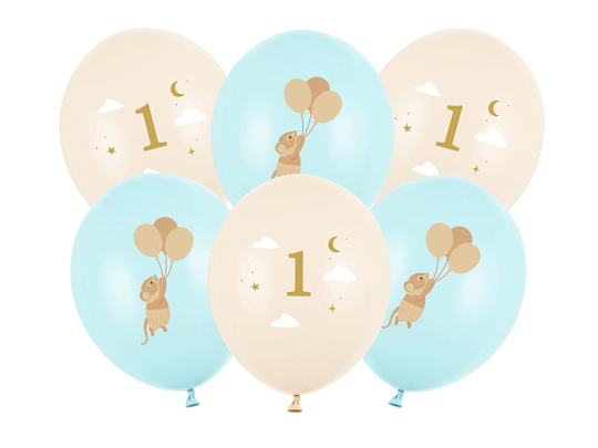 Balloons 30 cm, Mice with number 1, Light Blue (1 pkt / 6 pc.)