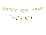 Baner Happy New Year z gwiazdkami, 300 cm, złoty