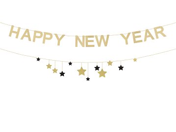 Baner Happy New Year z gwiazdkami, 300 cm, złoty