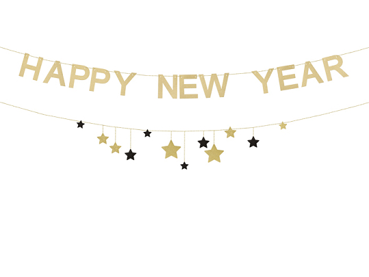 Baner Happy New Year z gwiazdkami, 300 cm, złoty