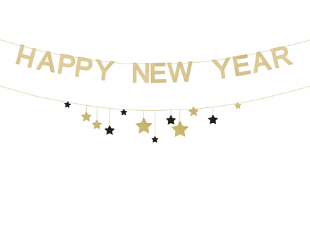 Baner Happy New Year z gwiazdkami, 300 cm, złoty