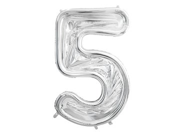 Forma Cyfra "5" dla balonów lateksowych, 126cm, srebrne błyszczące