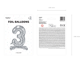 Standing foil balloon Number ''3'', 70cm, silver