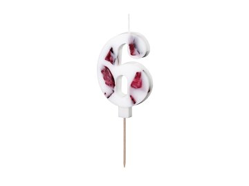 Świeczka urodzinowa Cyfra "6", biała z płatkami kwiatów, 8 cm