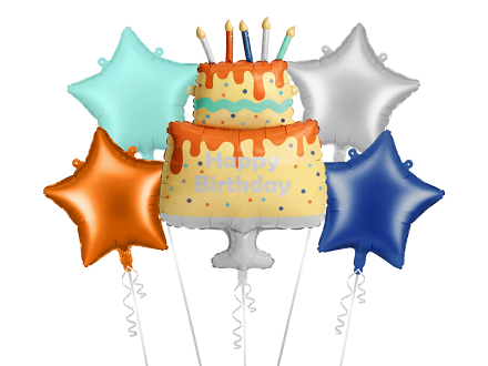 Zestaw balonów foliowych Kolorowy Tort Happy Birthday, mix