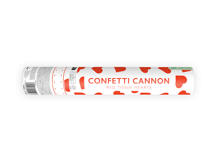 Confetti cannon with hearts, red, 28cm