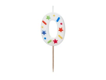 Bougie d'anniversaire Chiffre '0', confettis blancs, 5.5cm