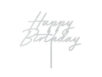 Cake topper Happy Birthday, 18x16.5 cm, silver glitter