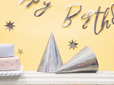 Holographic party hats, silver, 16cm (1 pkt / 6 pc.)