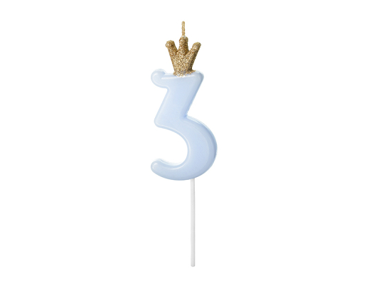 Bougie d'anniversaire Chiffre 3, bleu clair, 9.5cm