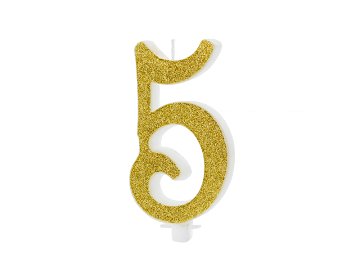 Bougie d'anniversaire Chiffre 5, dorée, 10 cm