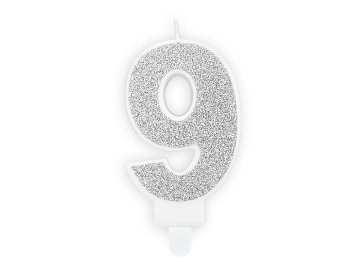 Birthday candle Number 9, silver, 7cm