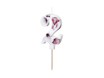 Świeczka urodzinowa Cyfra "2", biała z płatkami kwiatów, 8 cm