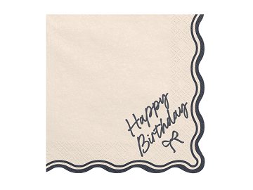 Serviettes Happy Birthday Nœud, 33x33 cm, beige-noir (1 pqt. / 12 pc.)