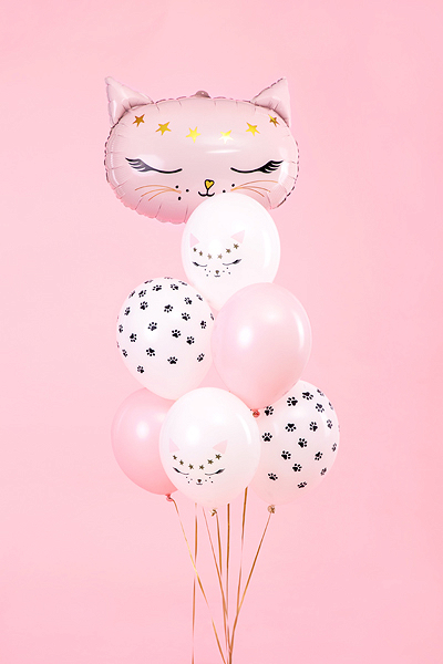 Cat birthday balloons in pink and white