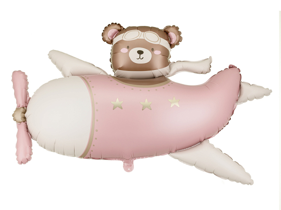 Foil balloon Bear in Airplane, 94x61 cm, light pink