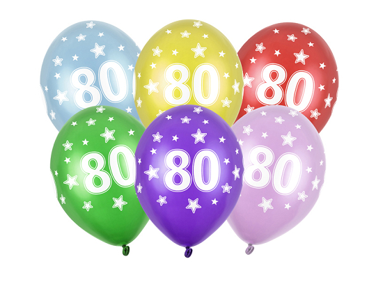 Ballons 30 cm, 80ème anniversaire, Méllange métallique (1 pqt. / 50 pc.)