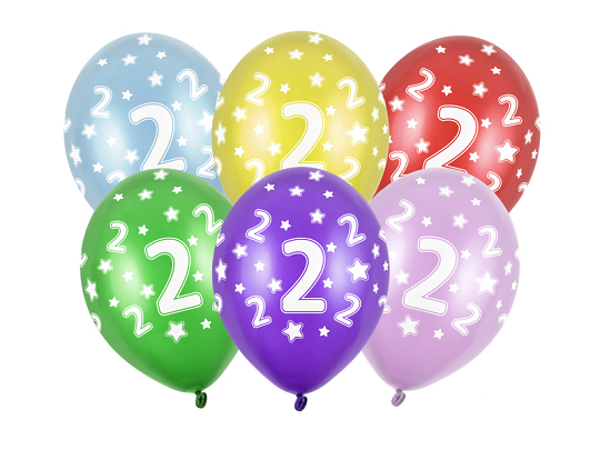 Balloons 30cm, 2nd Birthday, Metallic Mix (1 pkt / 6 pc.)