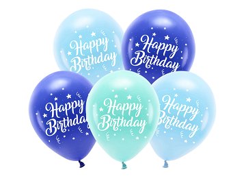 Öko-Ballons 26 cm, Happy Birthday, Blau (1 VPE / 5 Stk.)