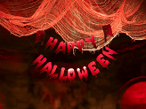 Banner Happy Halloween with cleavers, 120 cm, red