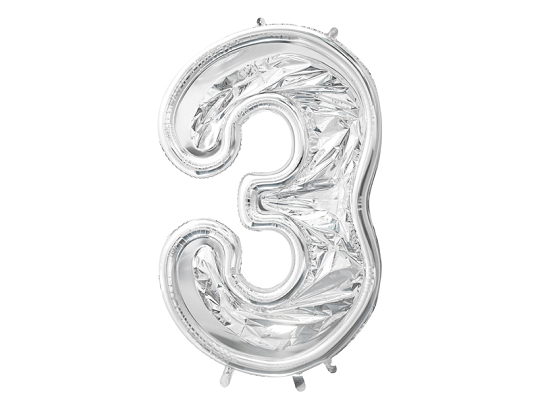 Forma Cyfra "3" dla balonów lateksowych, 126cm, srebrne błyszczące
