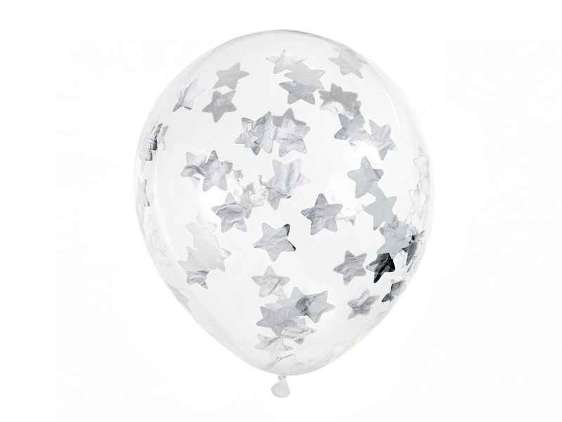 Konfettiballong – stjärnor – silver – 30 cm – 6-pack