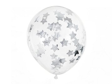 Ballons avec confettis - étoiles, 30 cm, argent (1 pqt. / 6 pc.)