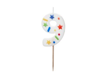 Bougie d'anniversaire Chiffre '9', confettis blancs, 5.5cm