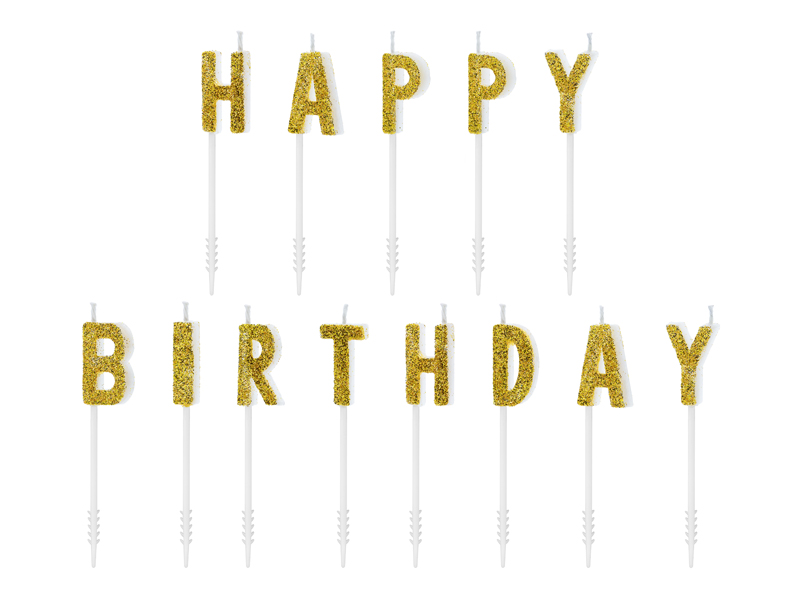 Tårtljus – Happy Birthday – guld – 2.5 cm – 13-pack (B)