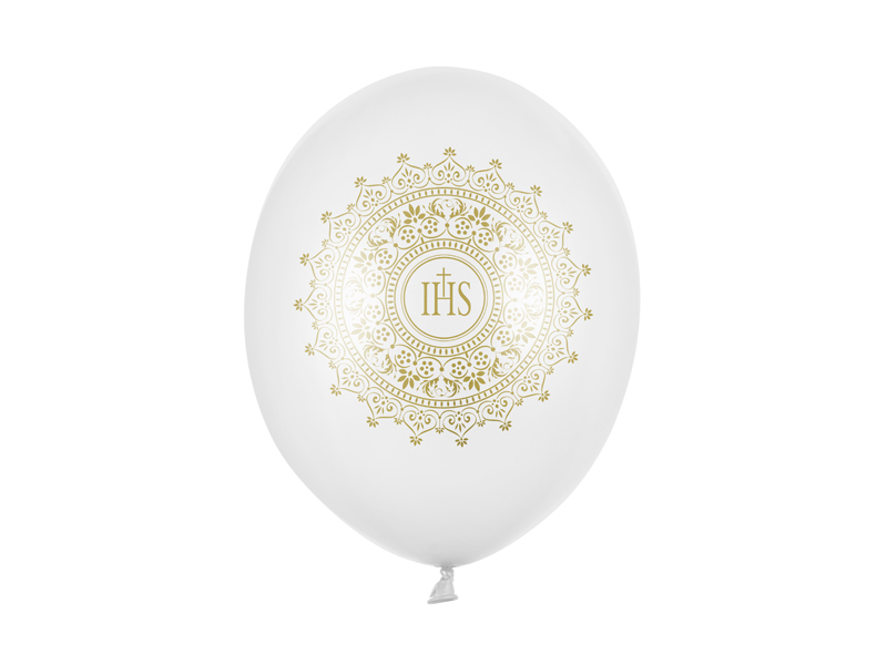 Latexballong – Kommunion (IHS) – metallisk – vit – 30 cm